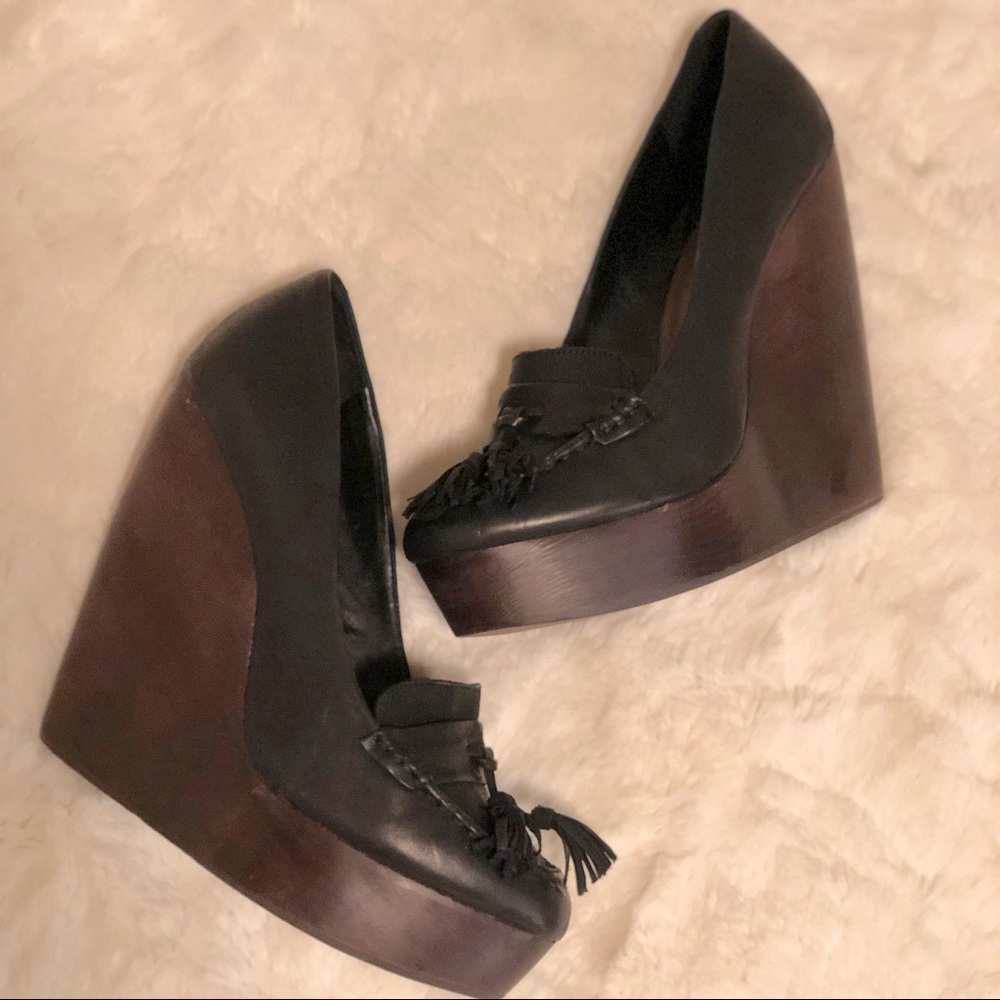 Aldo Artison Leather Tassel Loafer with Wooden Wedge in Black